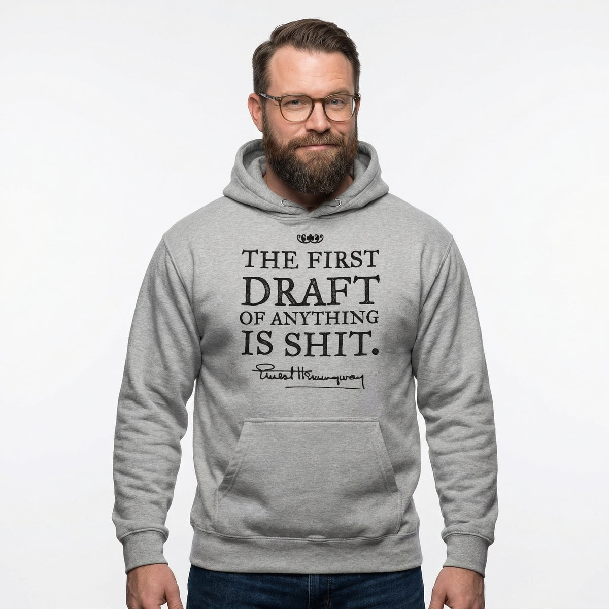 Man wearing a gray hoodie with text on a white background