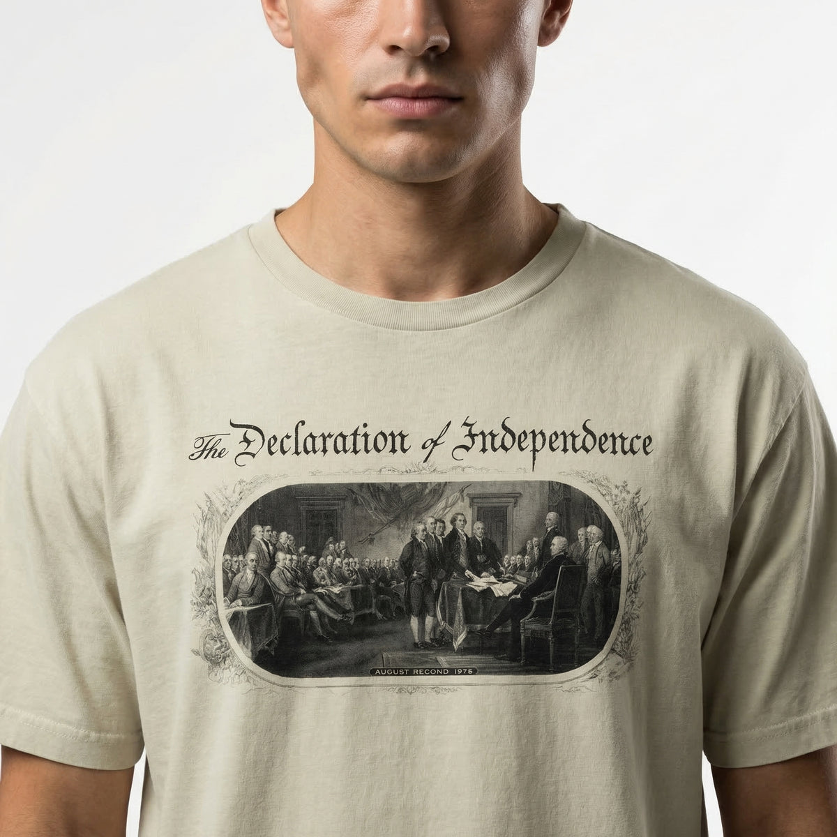 Man wearing a t-shirt with 'The Declaration of Independence' graphic design.
