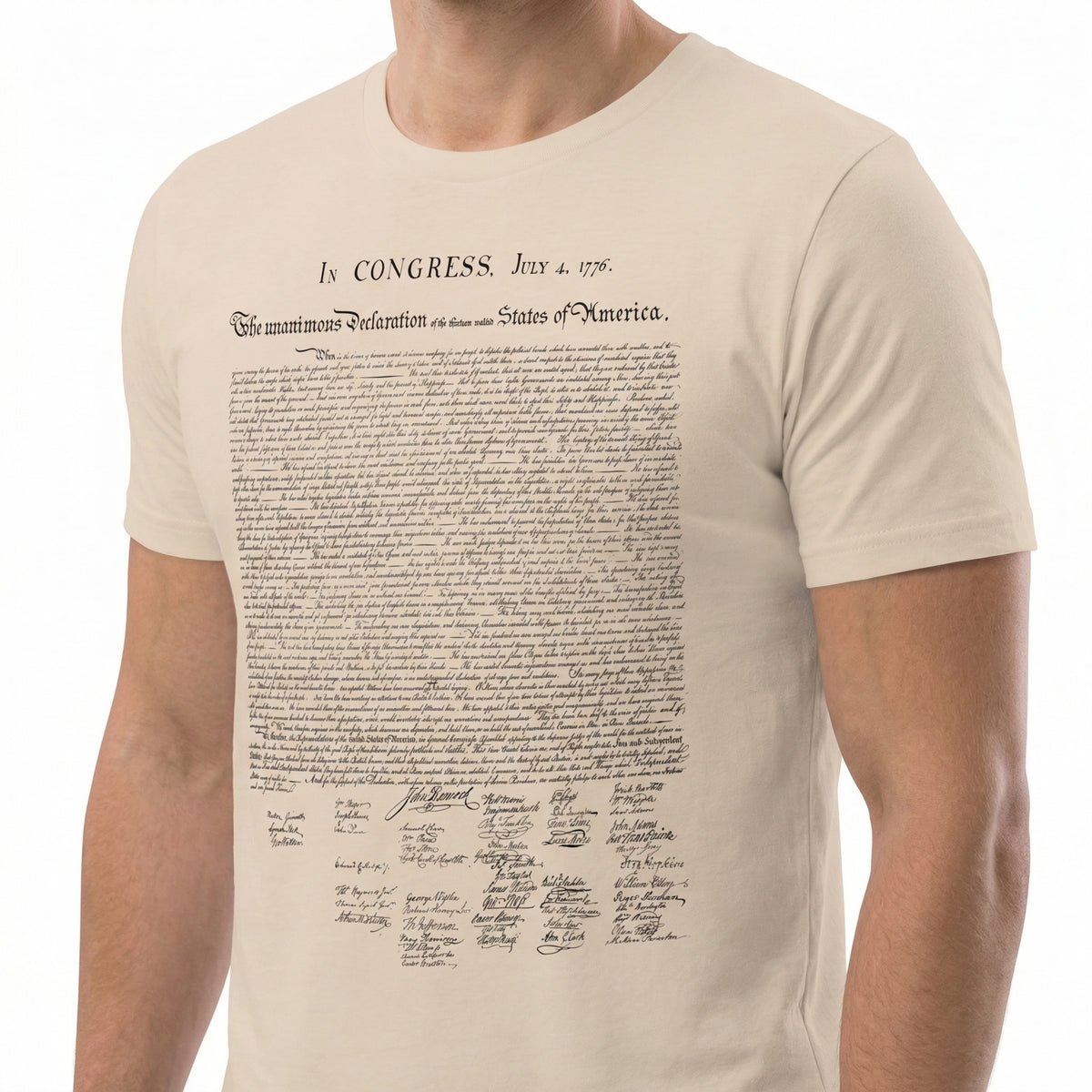 Beige t-shirt with text design on a white background