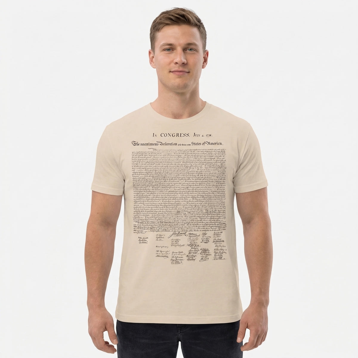 Man wearing a t-shirt with text design on a plain background