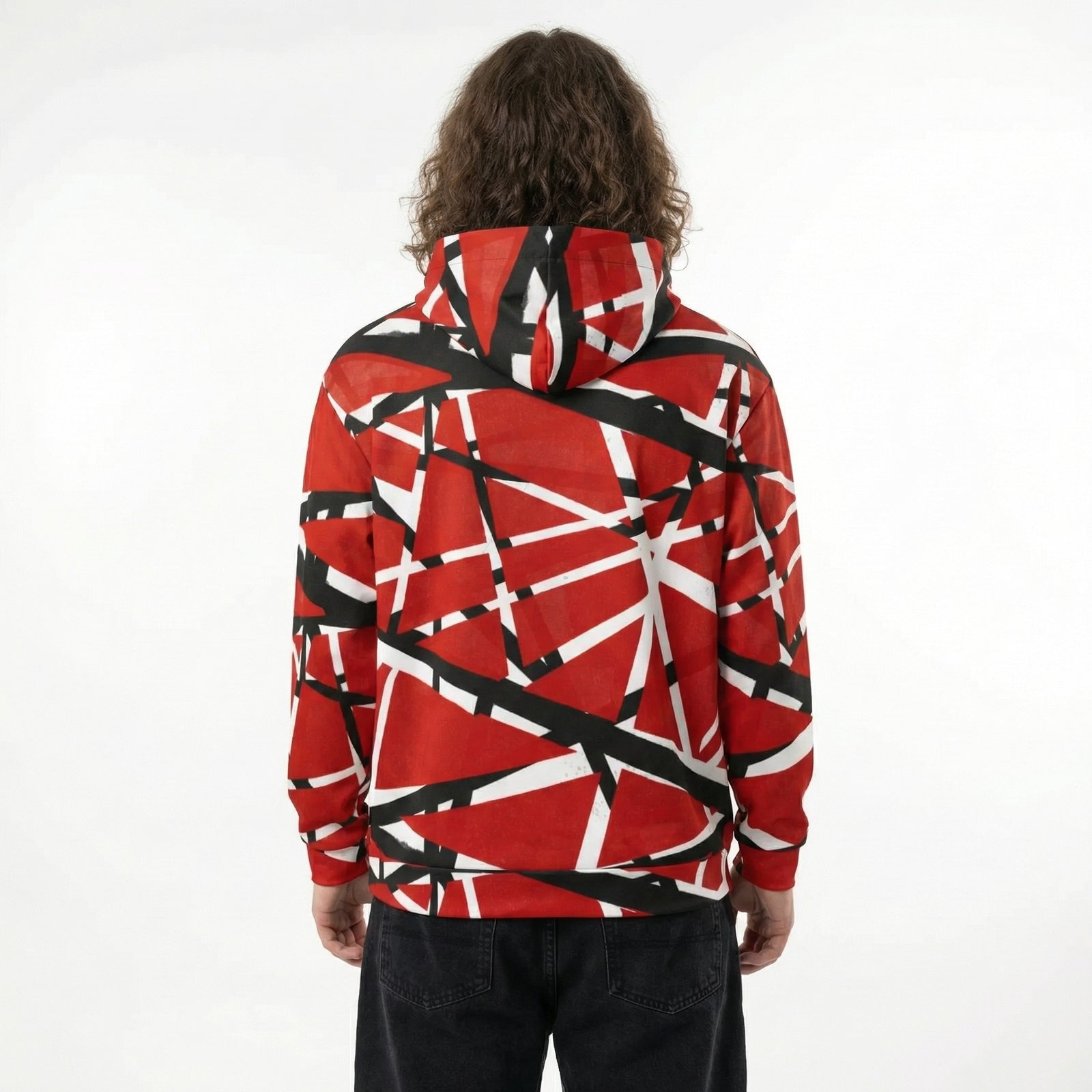 Person wearing a red, black, and white geometric patterned Frankenstripes Cotton Hoodie on a white background