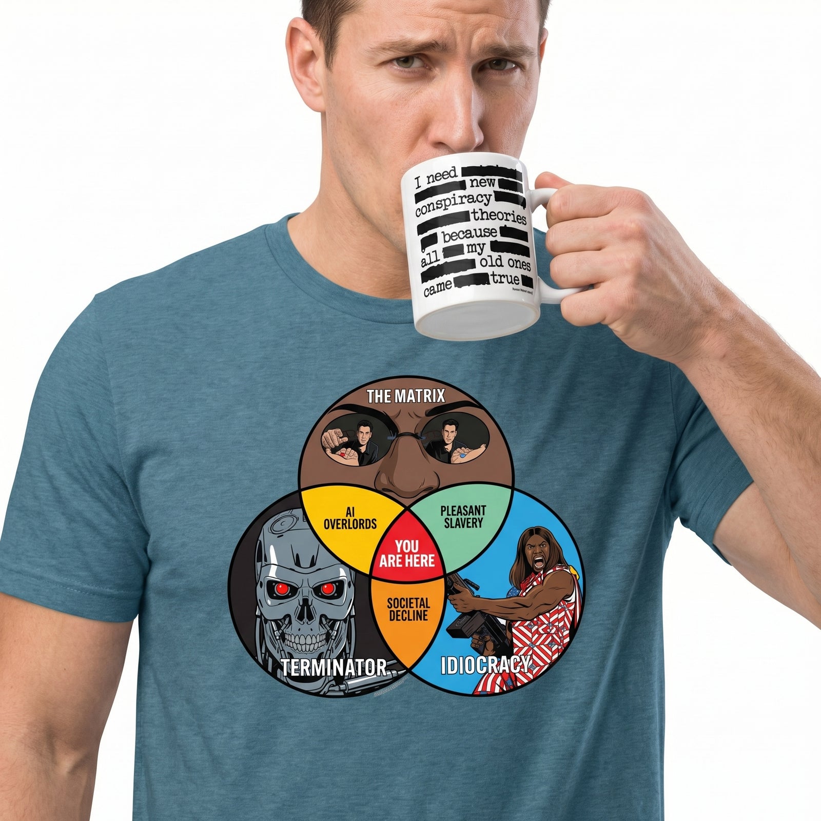 Man wearing a graphic t-shirt with a Venn diagram and holding a mug.