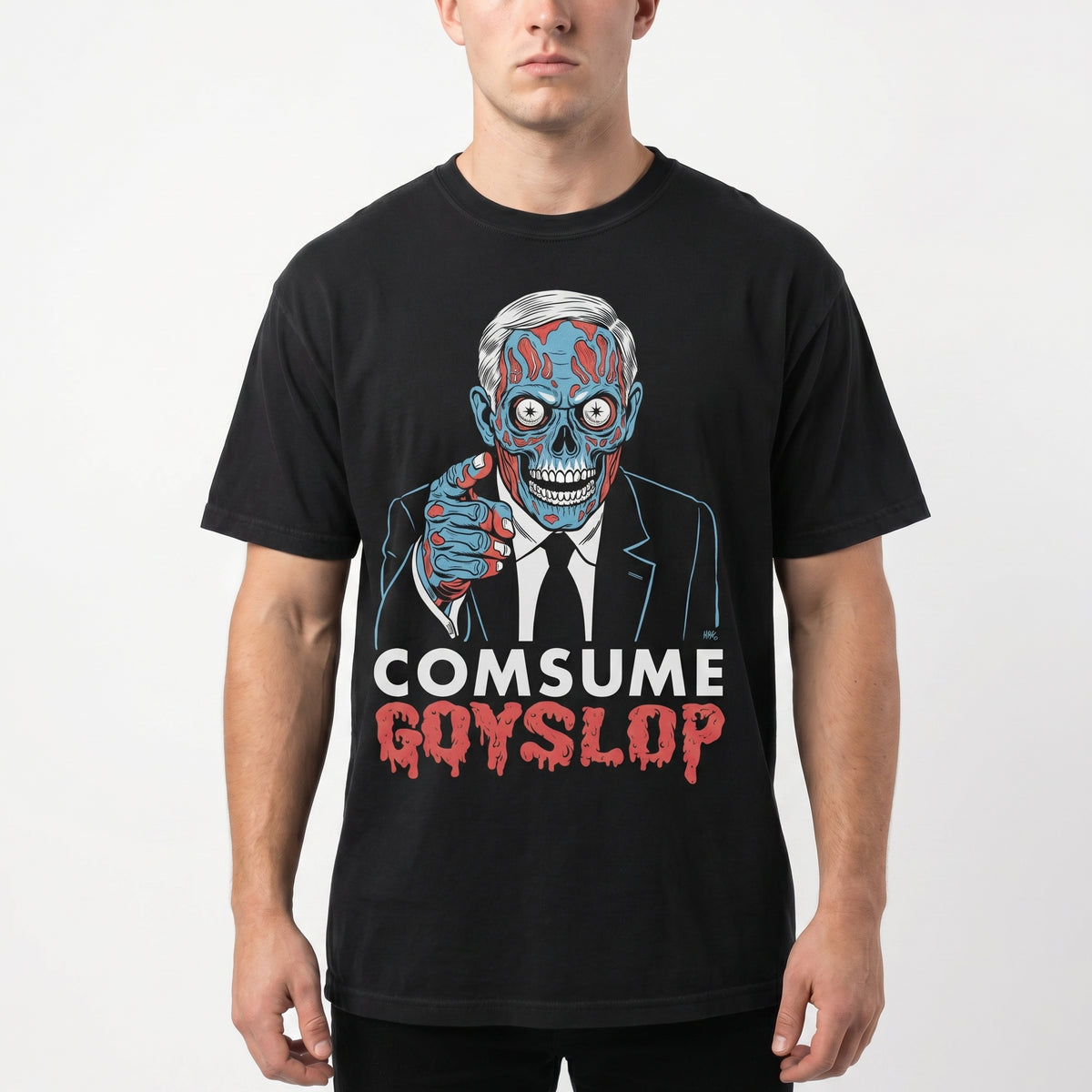 Person wearing a black t-shirt with a graphic design and text on a white background