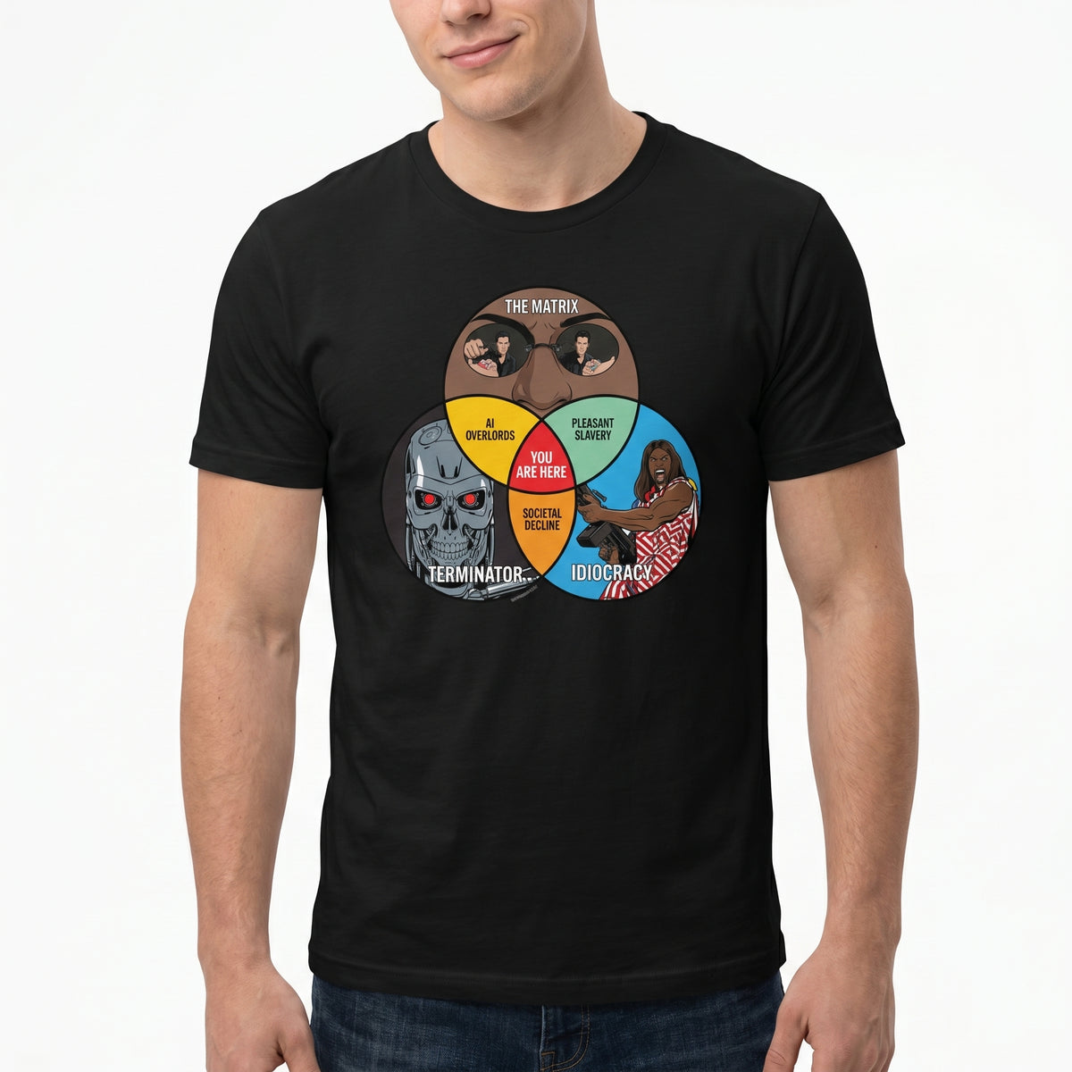 Person wearing a black t-shirt with a graphic design of movie characters in a Venn diagram.