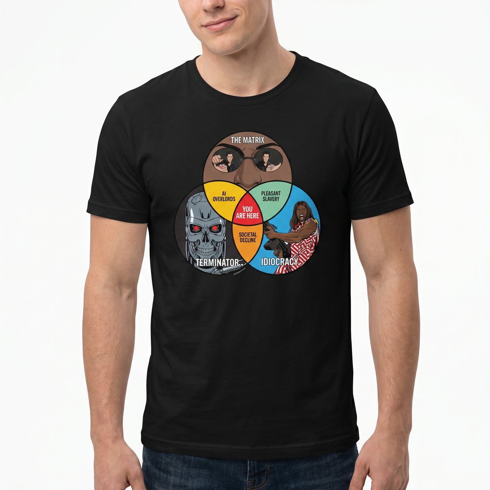 Person wearing a black t-shirt with a graphic design of movie characters in a Venn diagram.