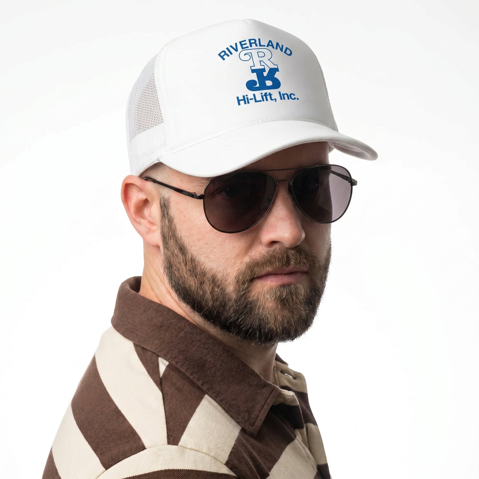 Man wearing a white cap with 'Riverland Hi-Lift, Inc.' logo and sunglasses on a white background