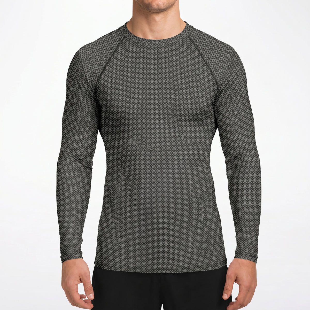 Person wearing a gray long-sleeve shirt with a subtle pattern on a white background