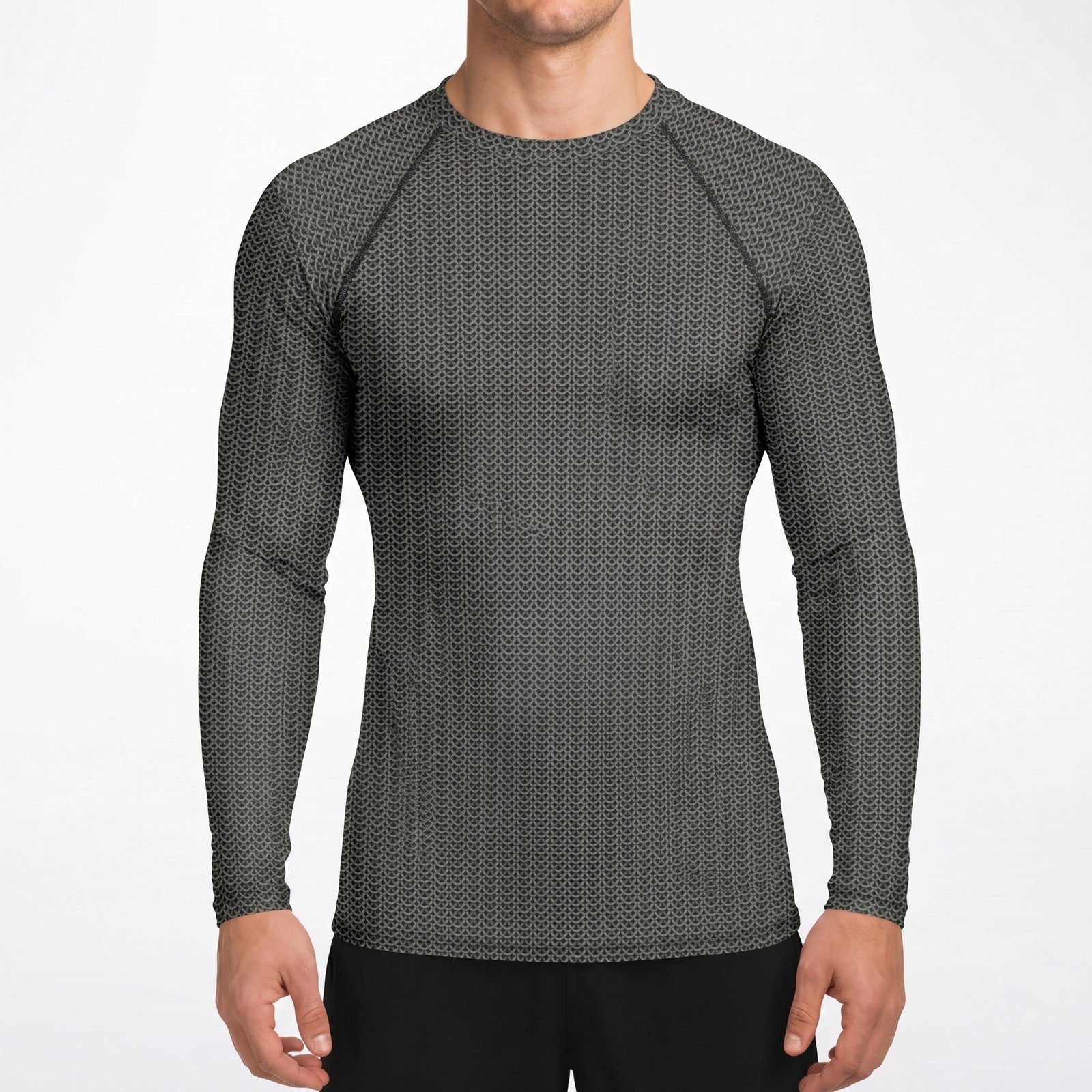 Person wearing a gray long-sleeve shirt with a subtle pattern on a white background
