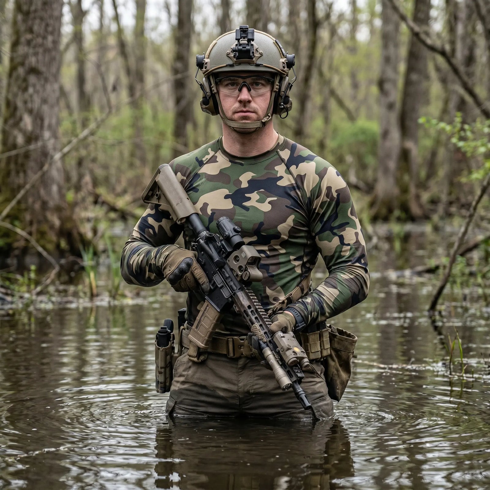 Person in camouflage gear holding a rifle in a forest setting