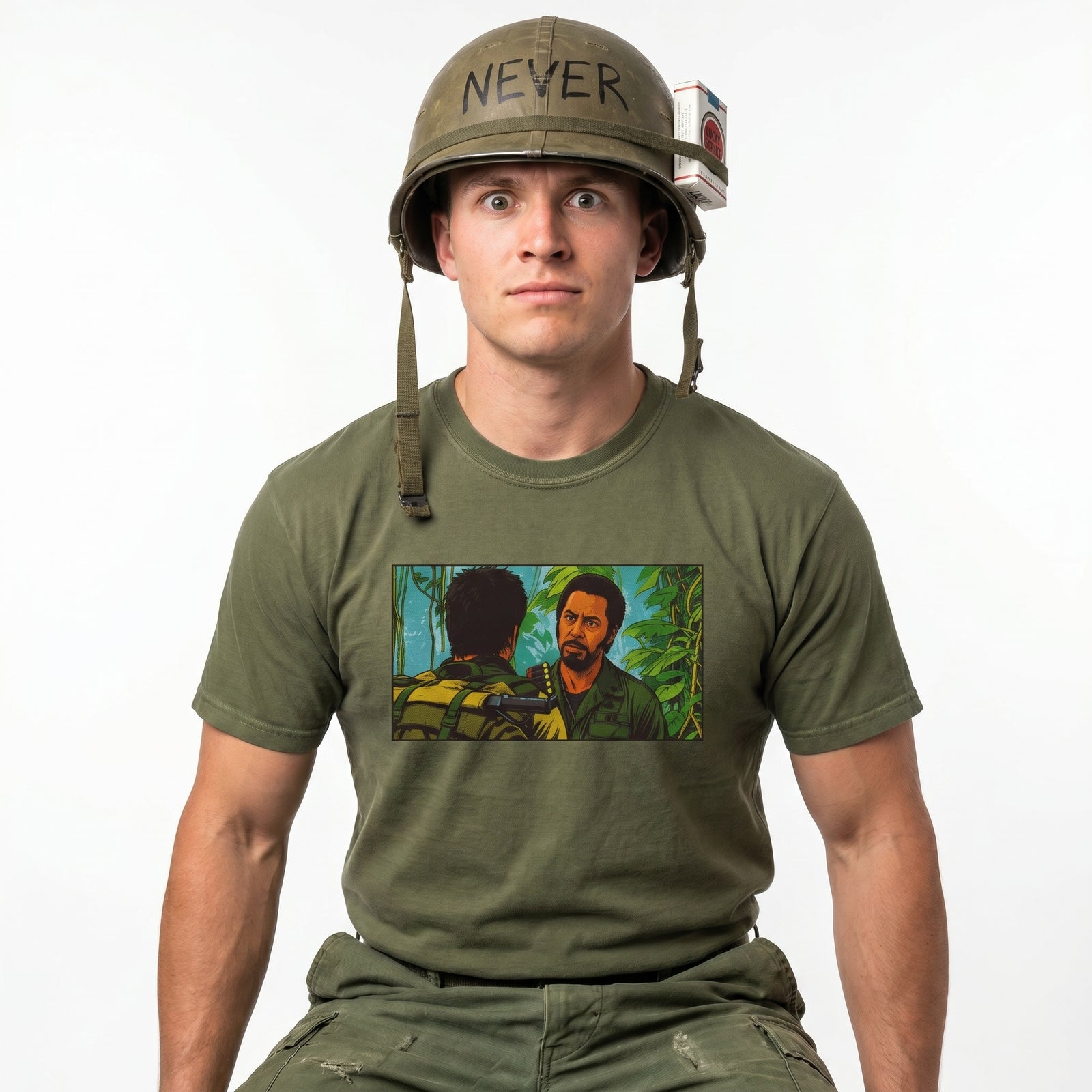Never Go Full Graphic Tee modeled front view with Vietnam movie scene artwork on olive garment-dyed shirt