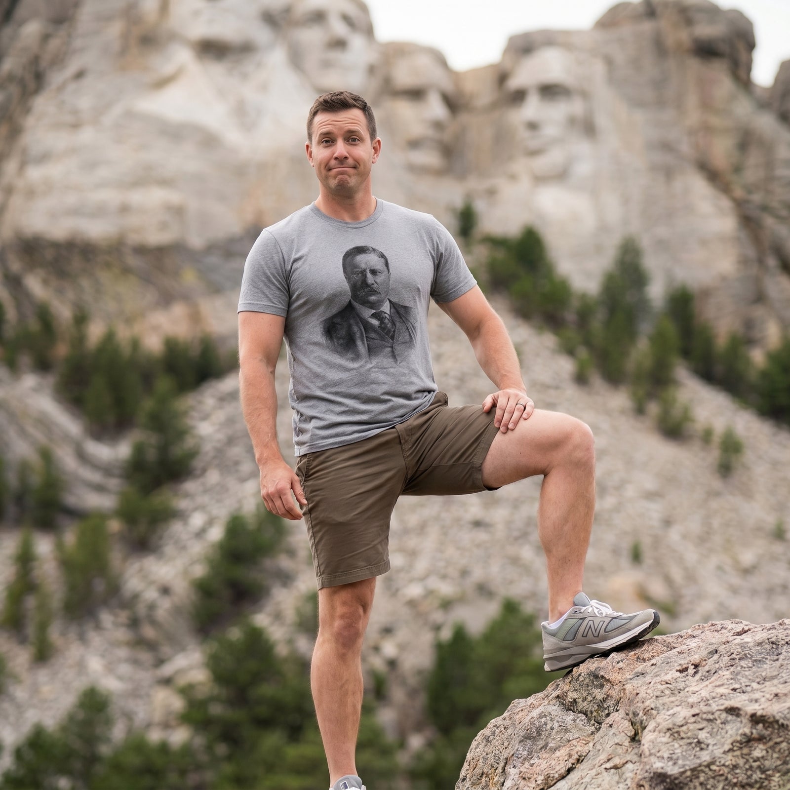 Gray t-shirt with a vintage portrait of a Teddy Roosevelt on the front