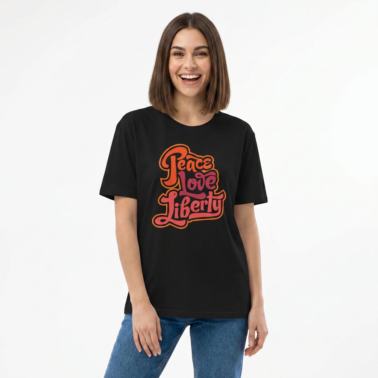 Person wearing a black t-shirt with 'Peace Love Liberty' text on a white background