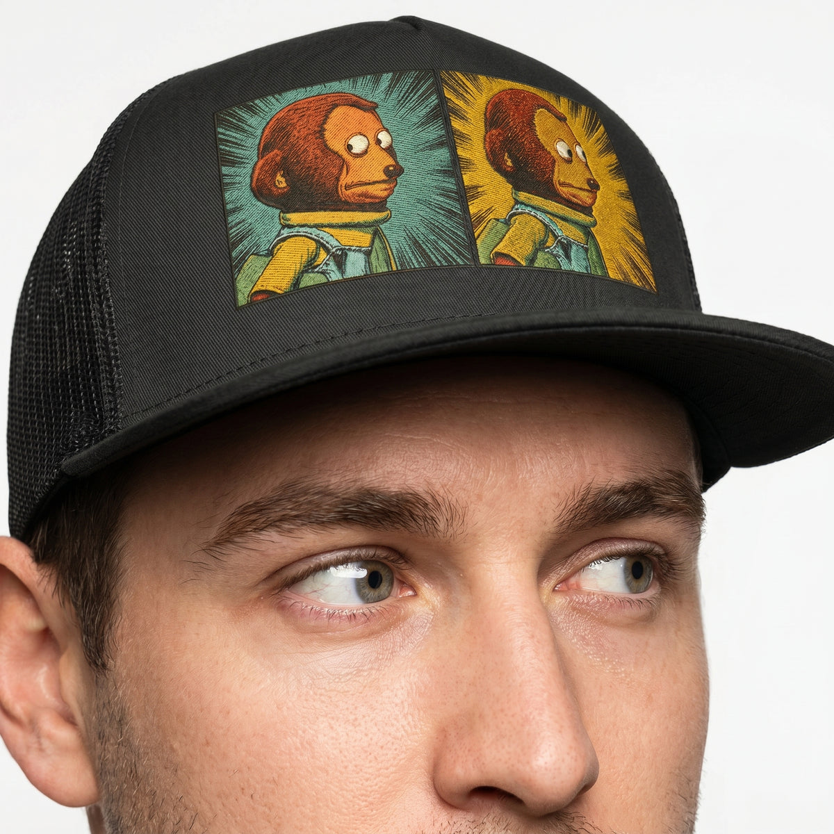 Black trucker cap with colorful graphic design on a white background