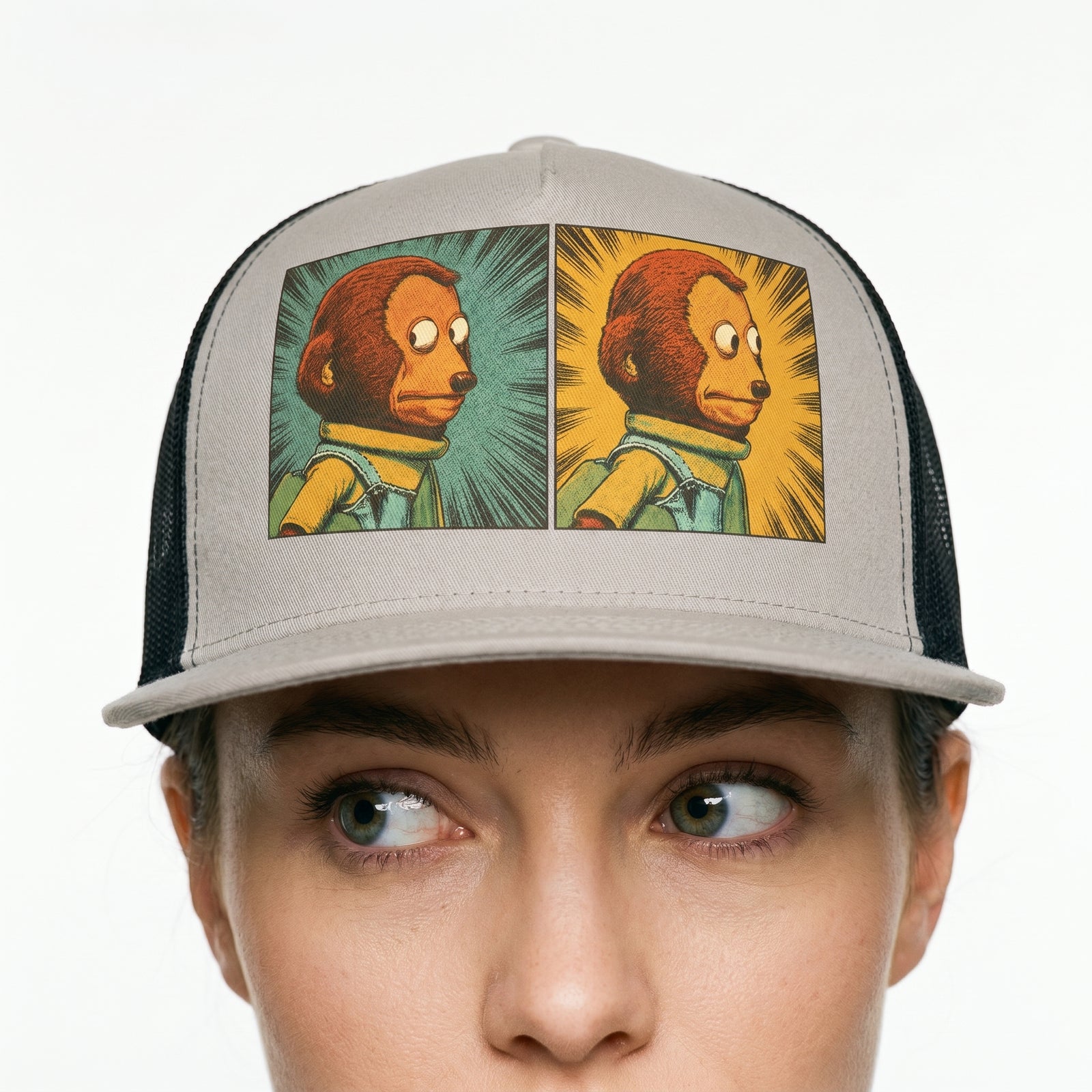 Trucker hat with a graphic design of a character on a white background