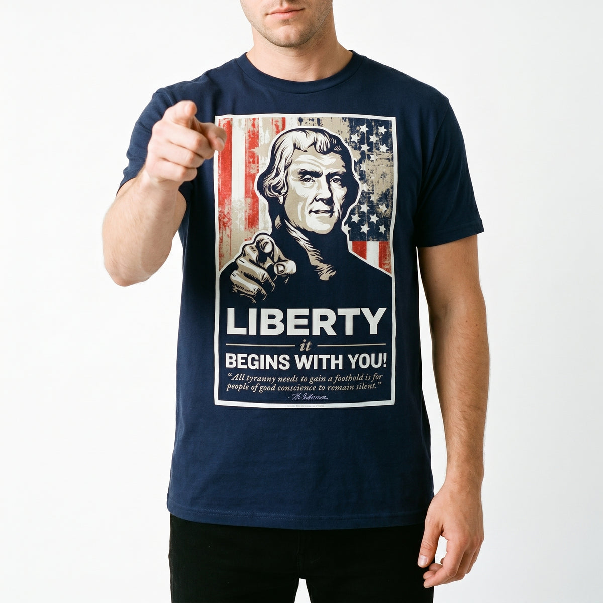 Person wearing a t-shirt with a graphic and text on a white background