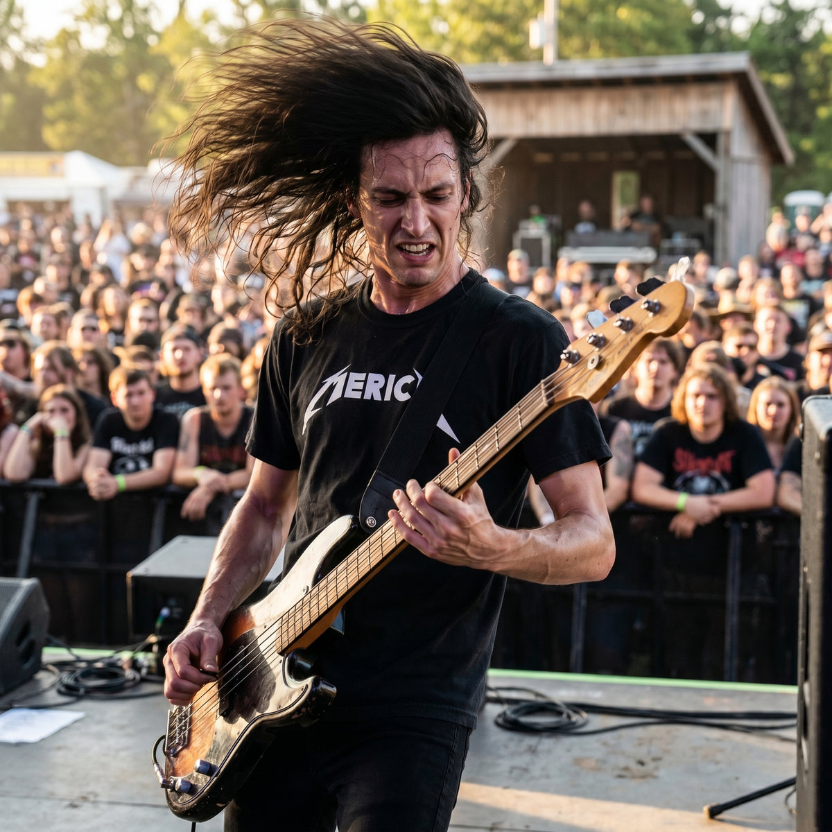 Person playing bass guitar on stage with a crowd in the background