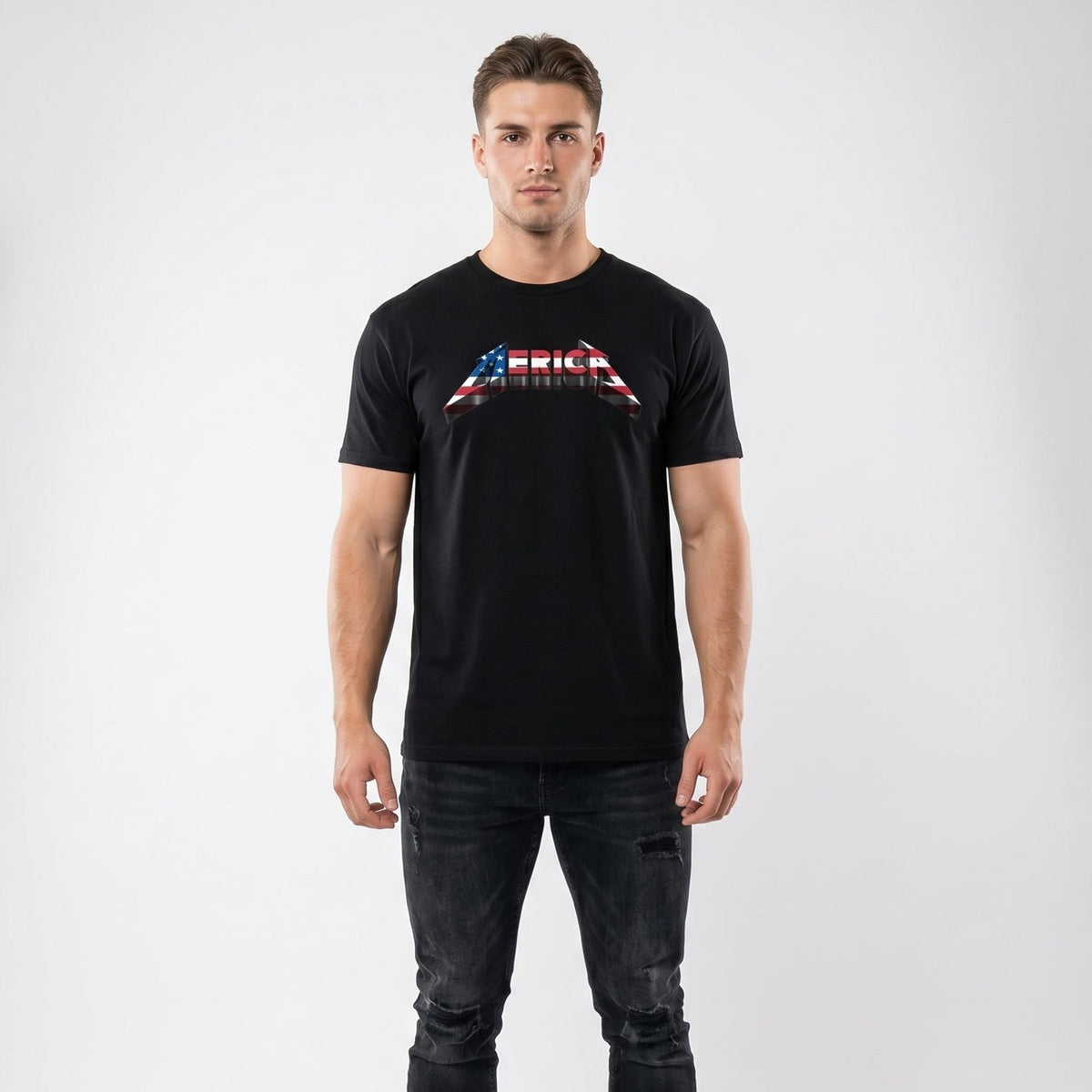Man wearing a black t-shirt with a graphic design on a white background 