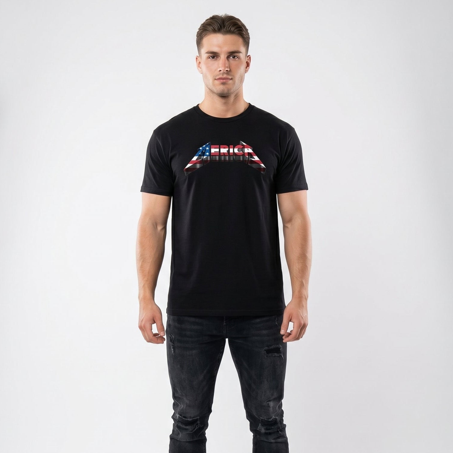 Man wearing a black t-shirt with a graphic design on a white background 