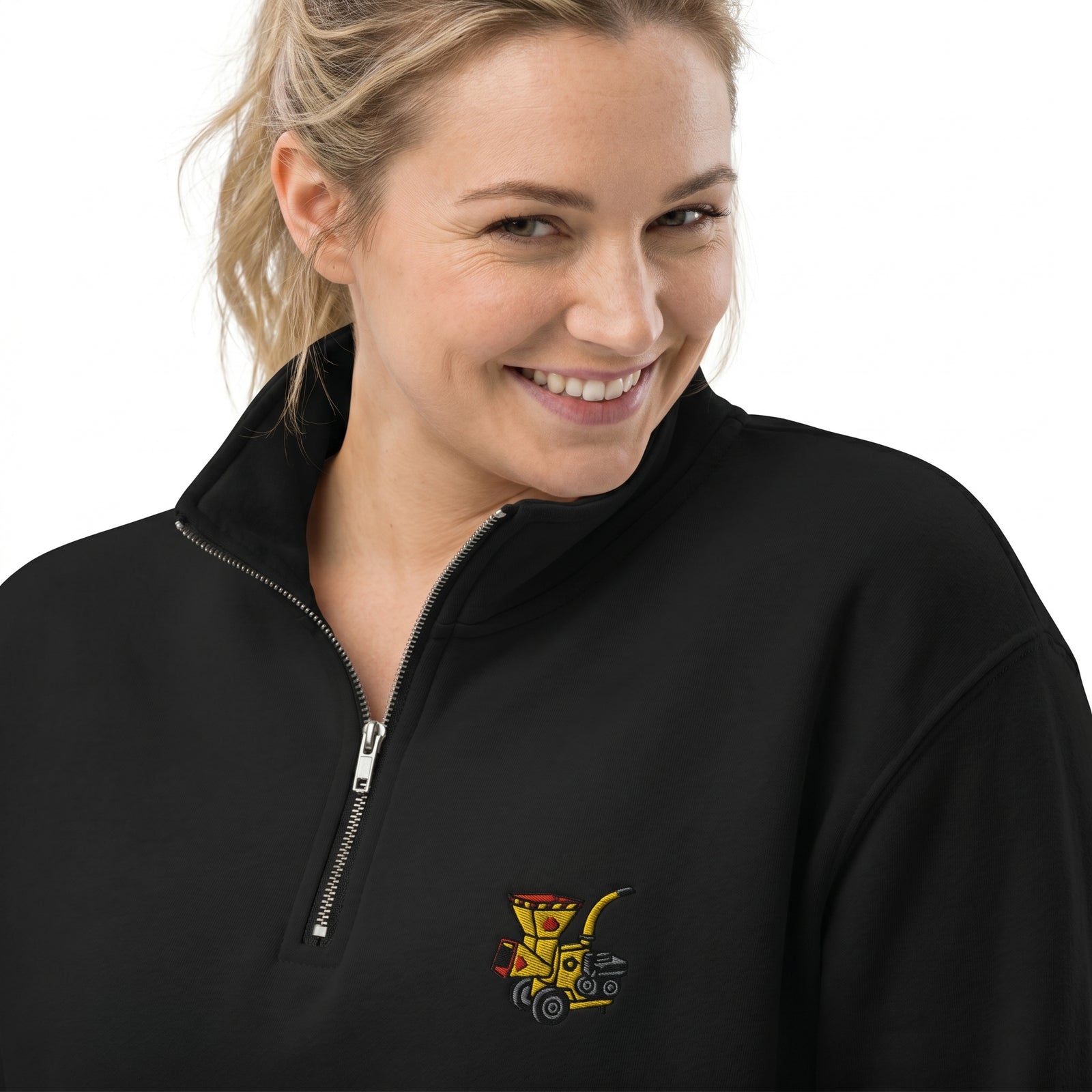 Woman wearing a black Woodchipper 1/4 Zip Pullover Embroidered Sweatshirt against a white background