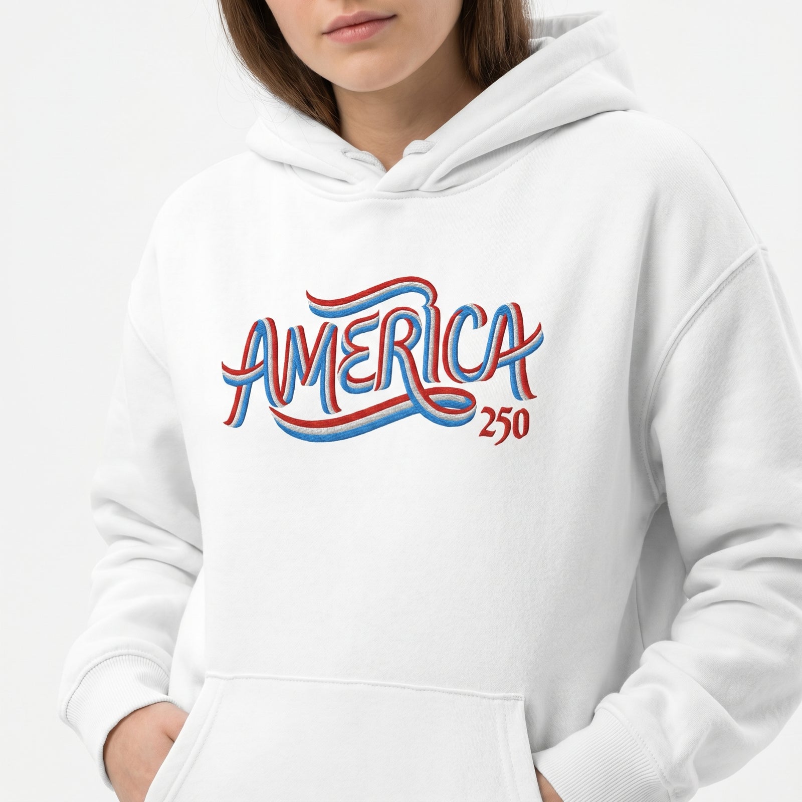 White America 250 Embroidered Ribbon Oversized Heavyweight Hoodie with red and blue commemorative chest design