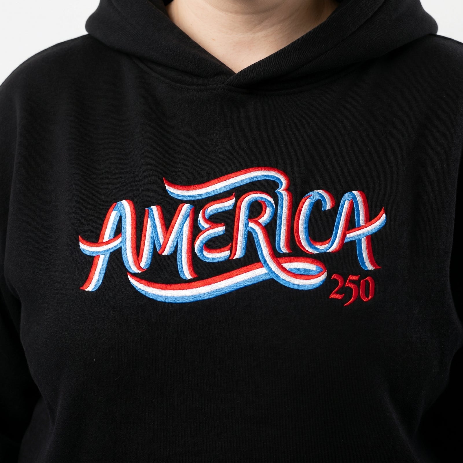 America 250 Embroidered Ribbon Oversized Heavyweight Hoodie lifestyle image for premium commemorative release