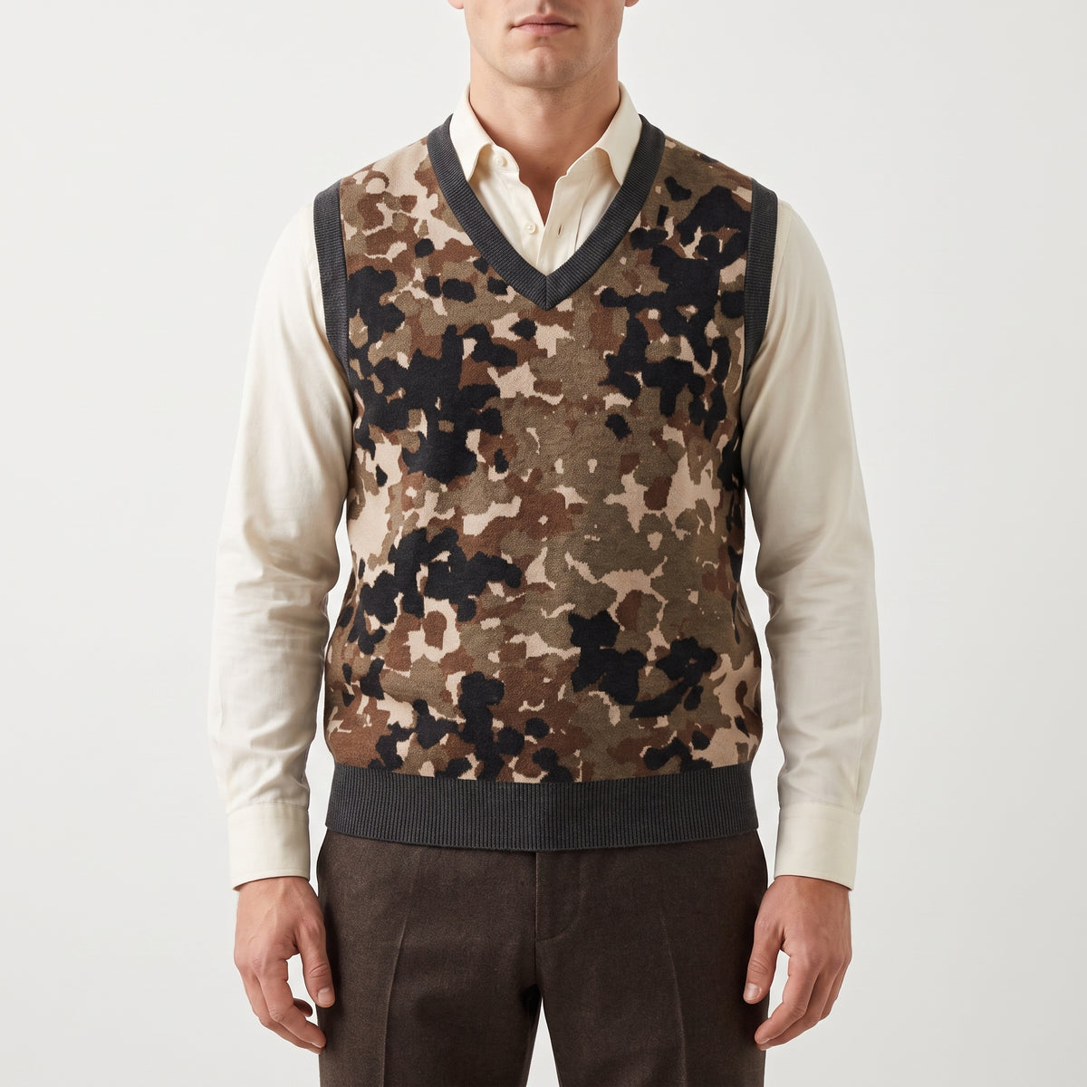 Man wearing a camouflage patterned sweater vest over a white shirt on a light gray background