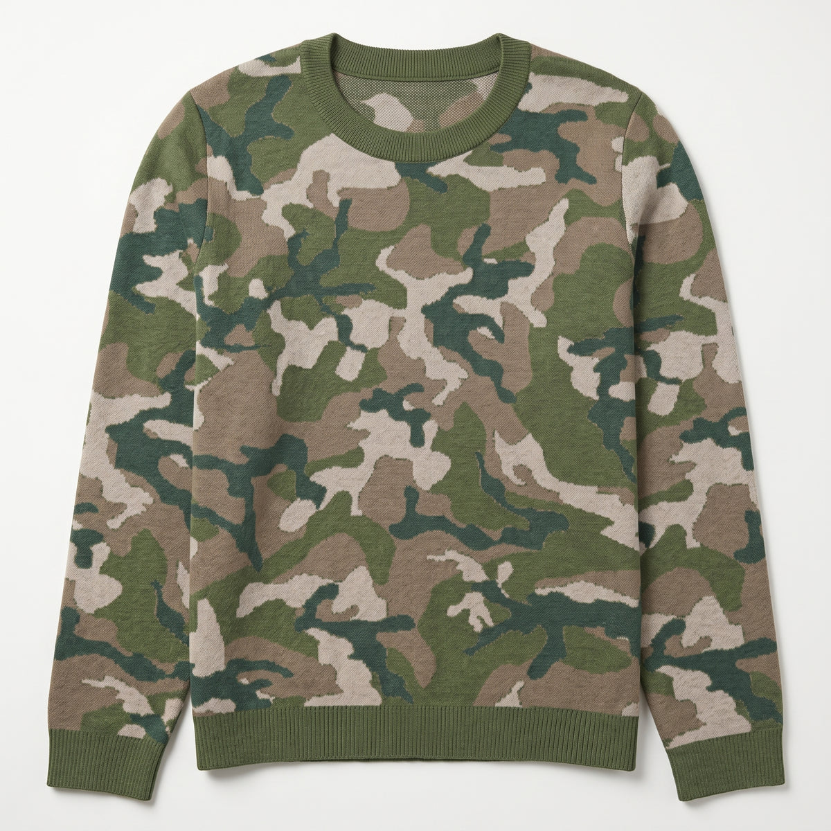 Camouflage-patterned sweater on a white background