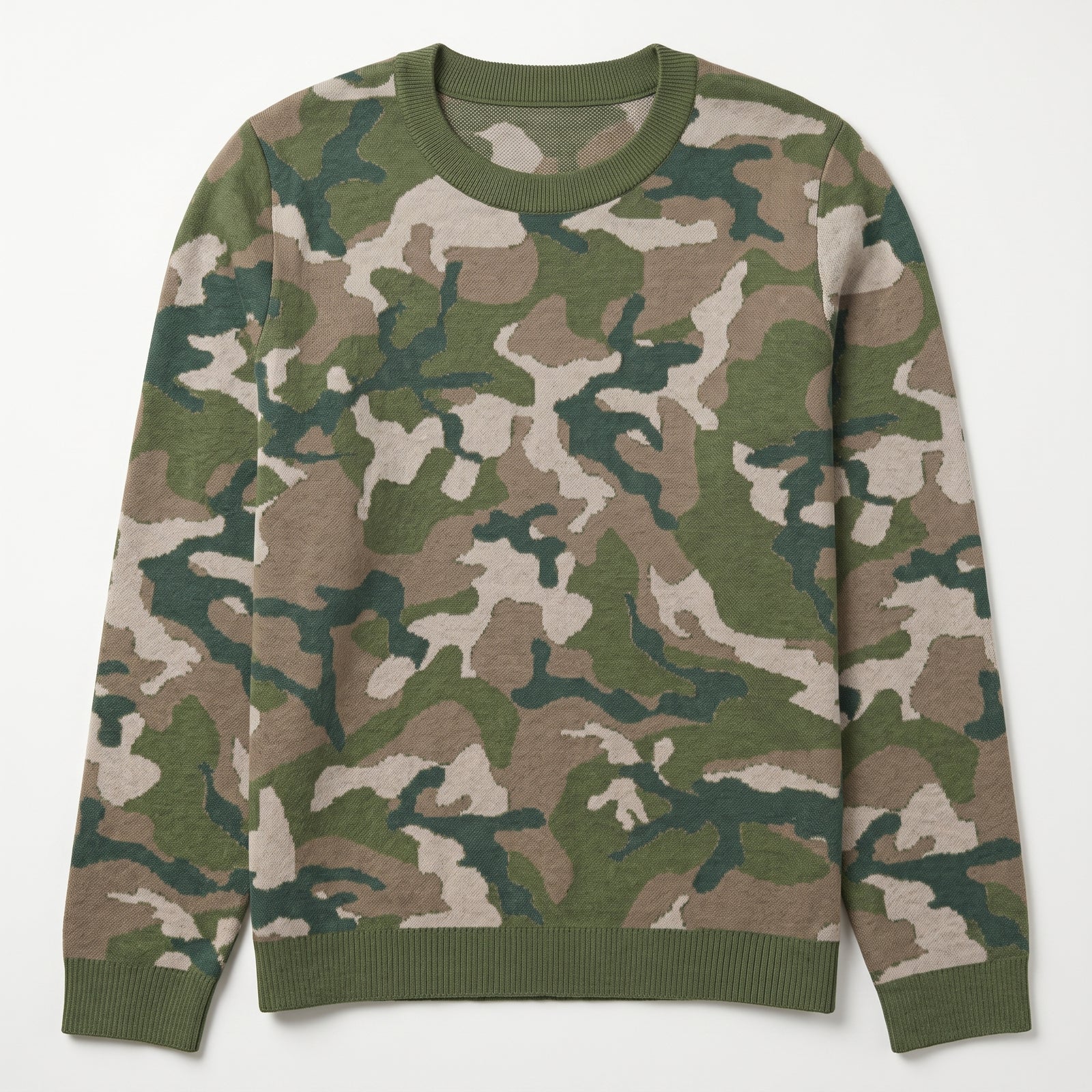 Camouflage-patterned sweater on a white background