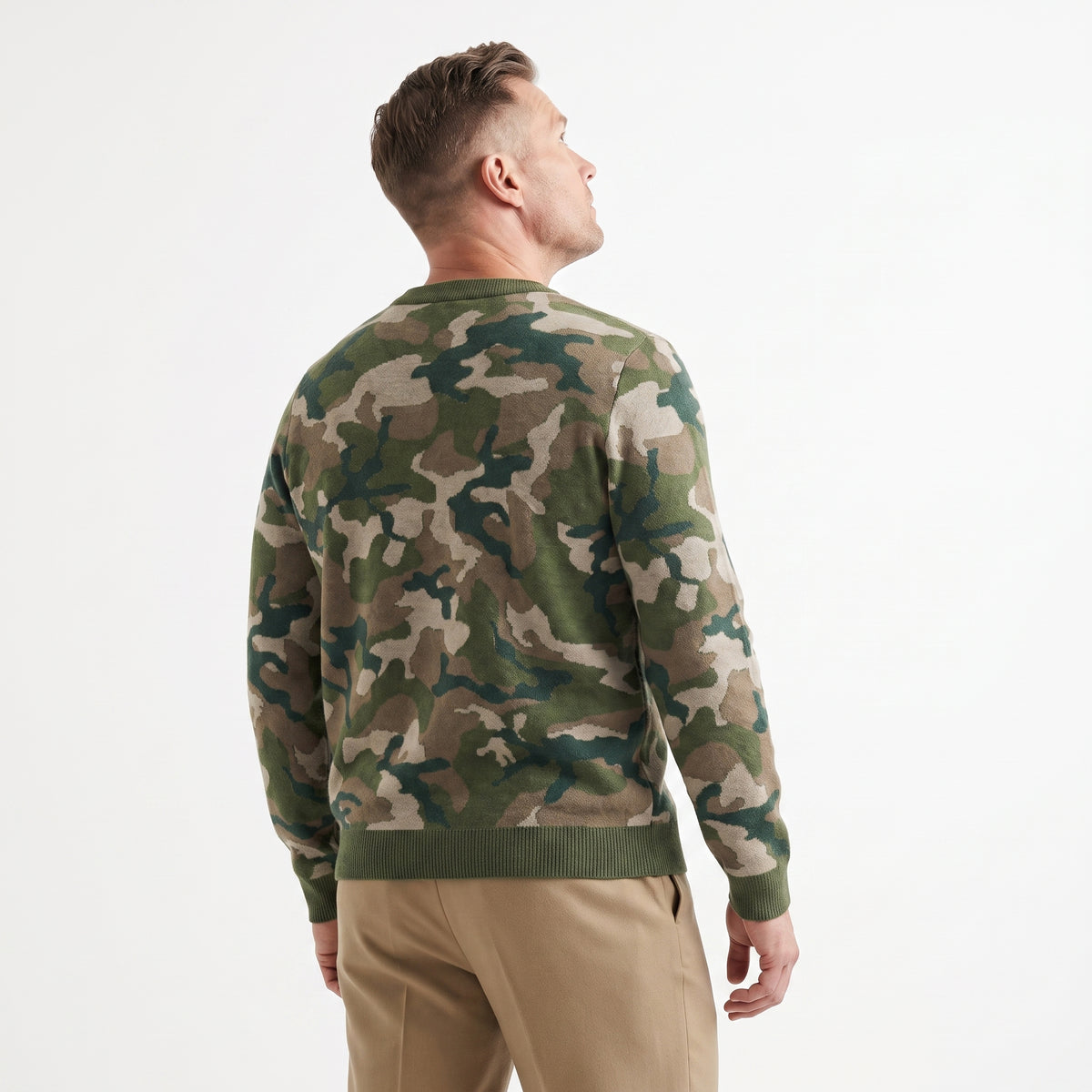 Man wearing a camouflage sweater on a white background