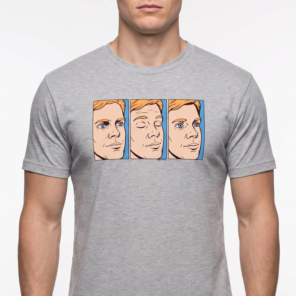 Blinking White Guy T-Shirt with three-panel confused reaction meme graphic on gray tee
