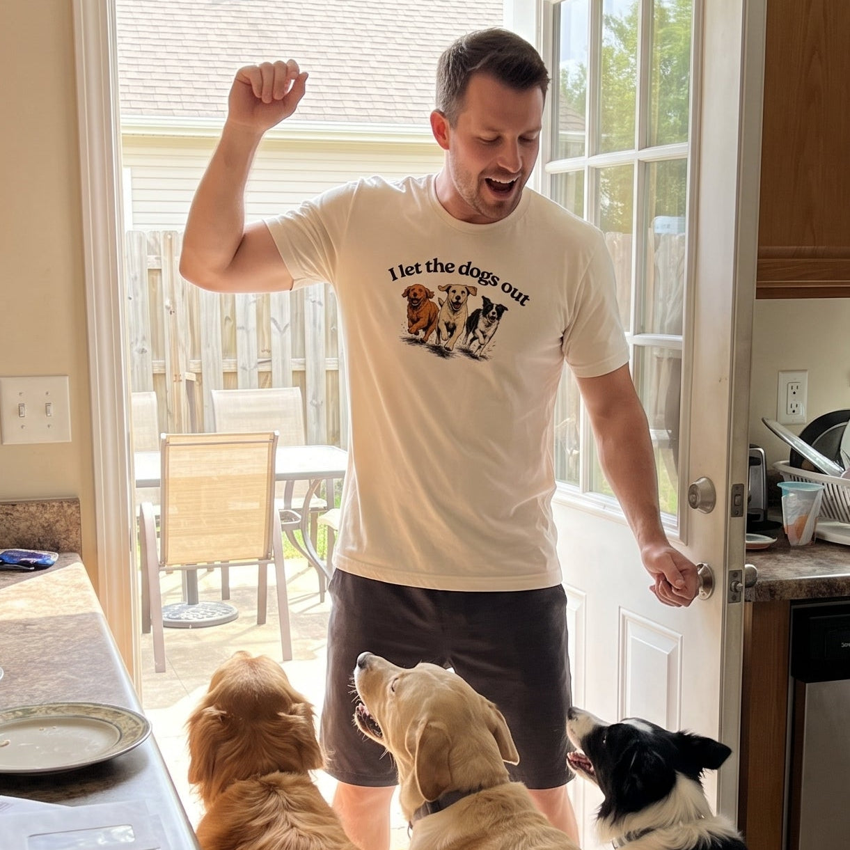 Man in a kitchen with three dogs, one of whom is wearing a bandana.