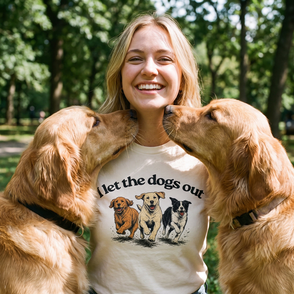 Woman wearing a t-shirt with a Liberty Maniacs shirt that says 'I let the dogs out' ended by two dogs in a park.