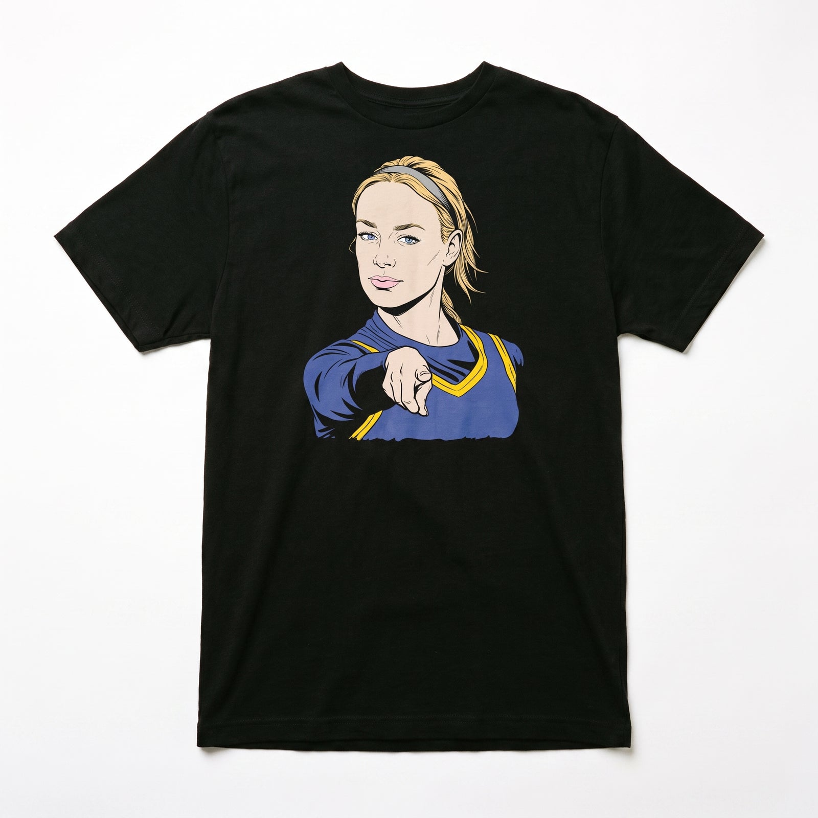 Black t-shirt with a graphic of a woman in a blue outfit on a white background