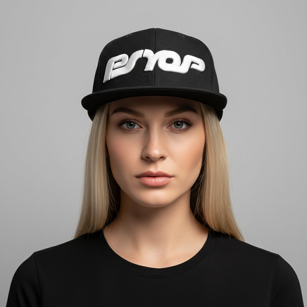 Woman wearing a black cap with white PSYOP 3d puff embroidered logo on a gray background