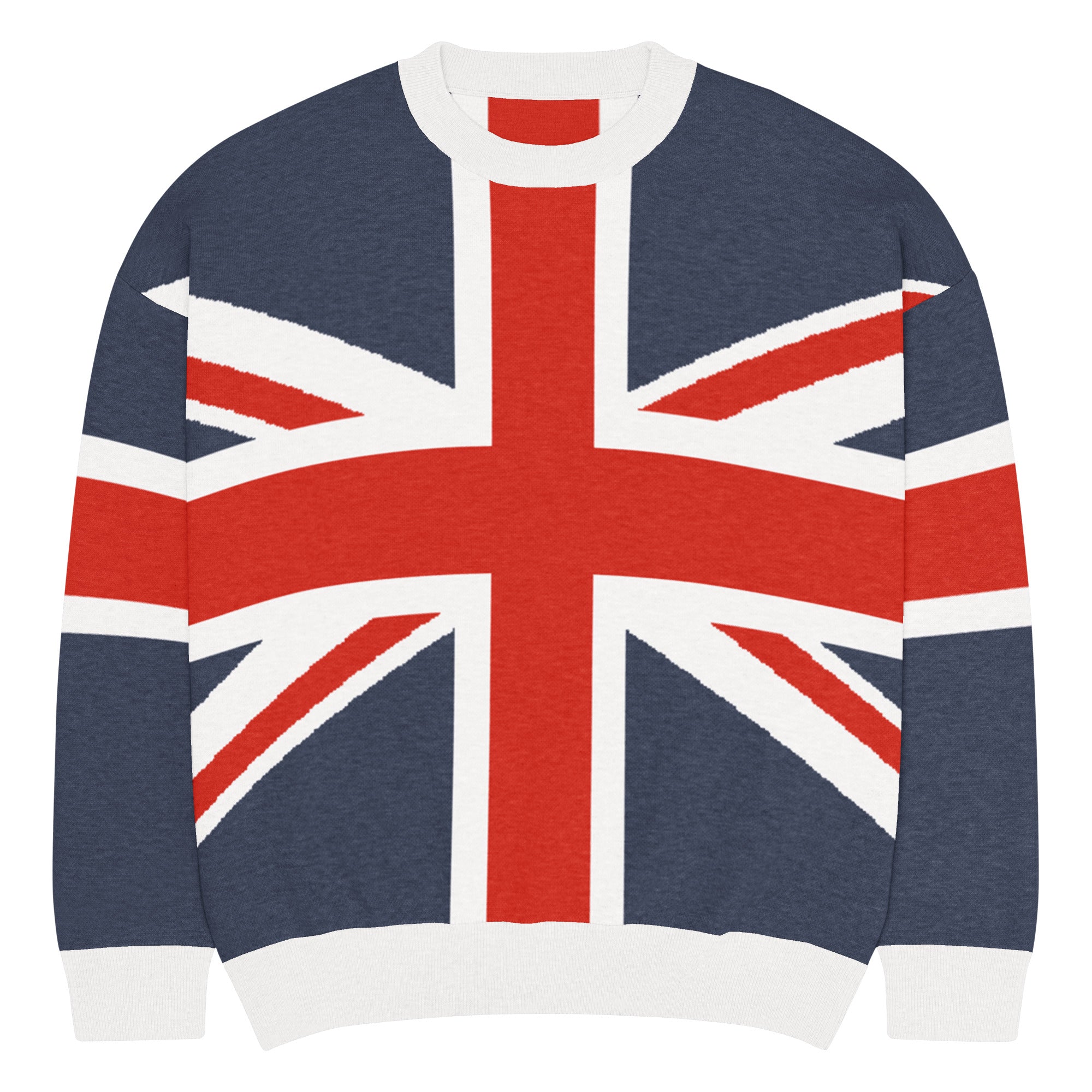 Person wearing a Union Jack sweater against a plain background
