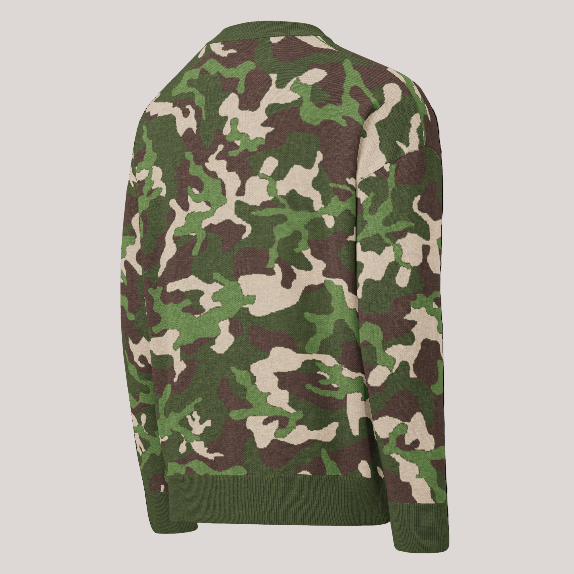 Angled back view of Woodland Knit Field Sweater showing crewneck collar and knit texture