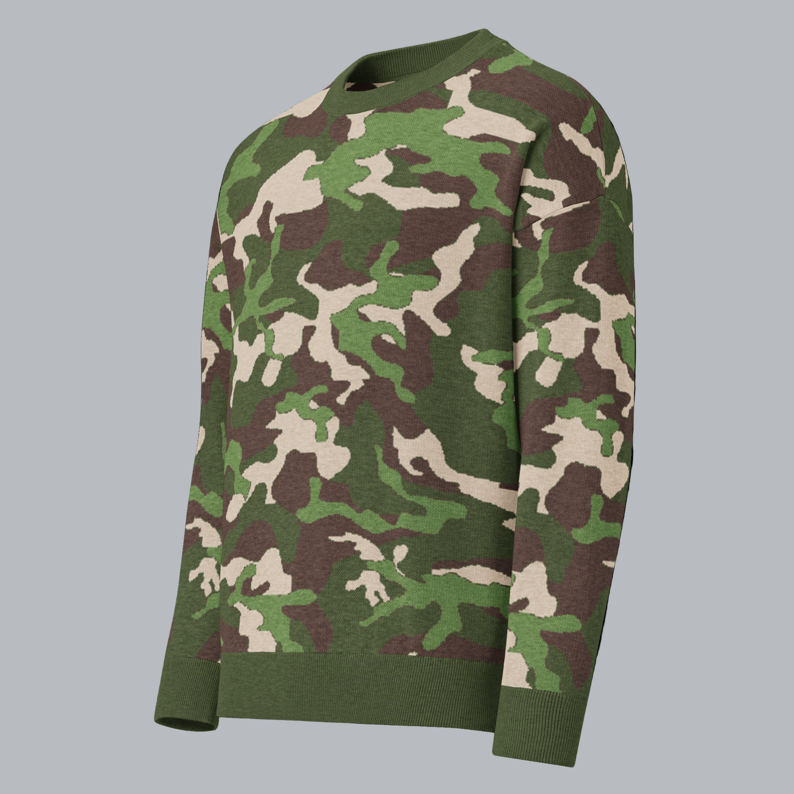 Angled view of Woodland Knit Field Sweater showing crewneck collar and knit texture