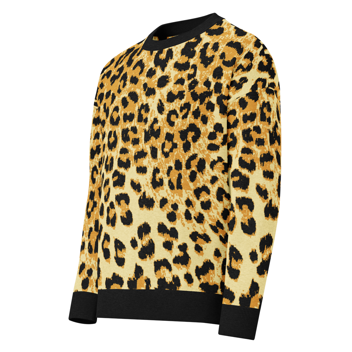 Leopard print sweater with black cuffs on a white background