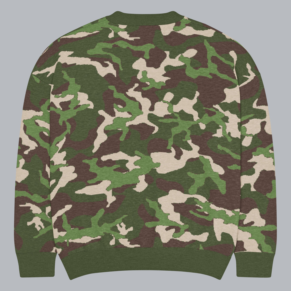 Flat lay back view of Liberty Maniacs Woodland Knit Field Sweater in camouflage knit