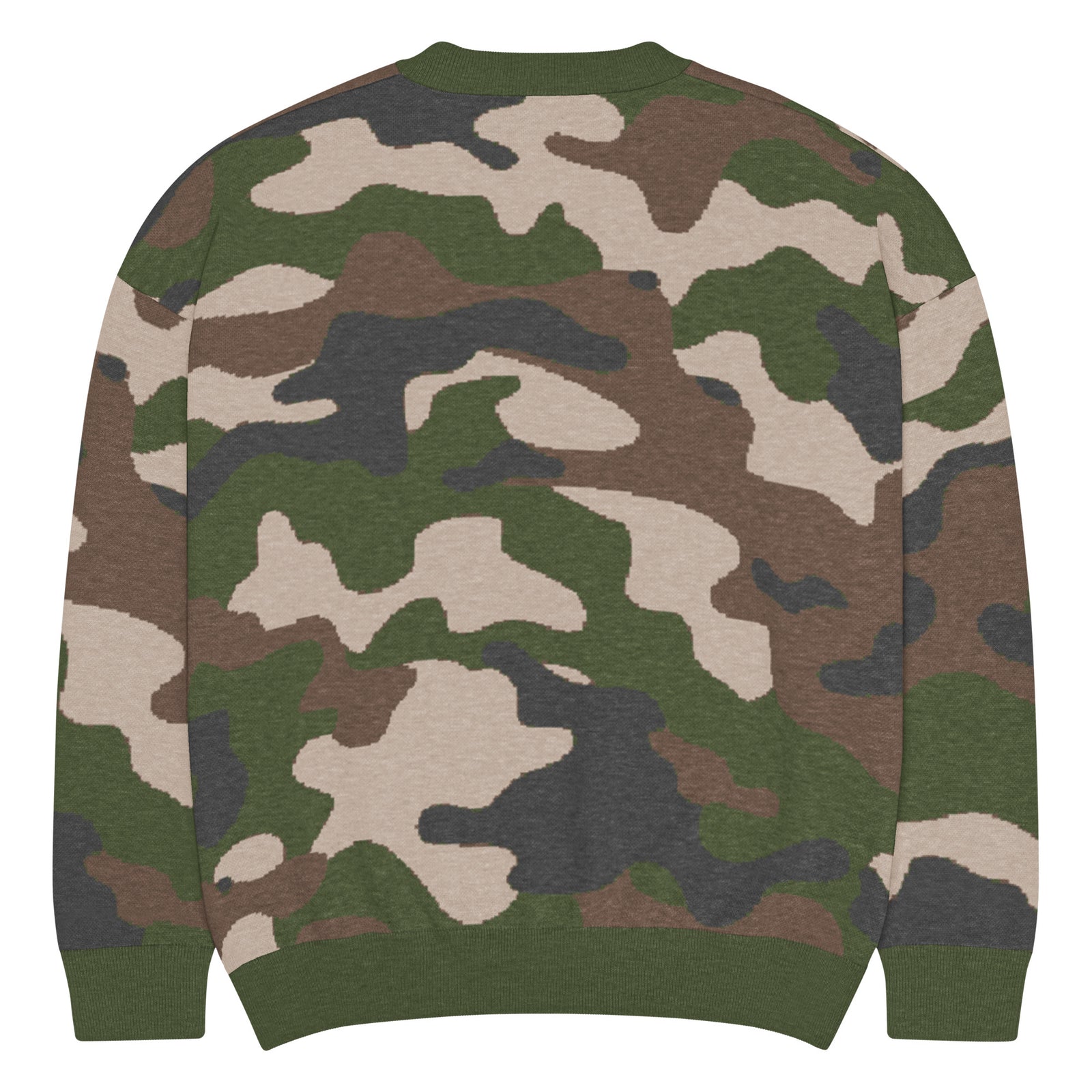 Camouflage-patterned sweater on a white background