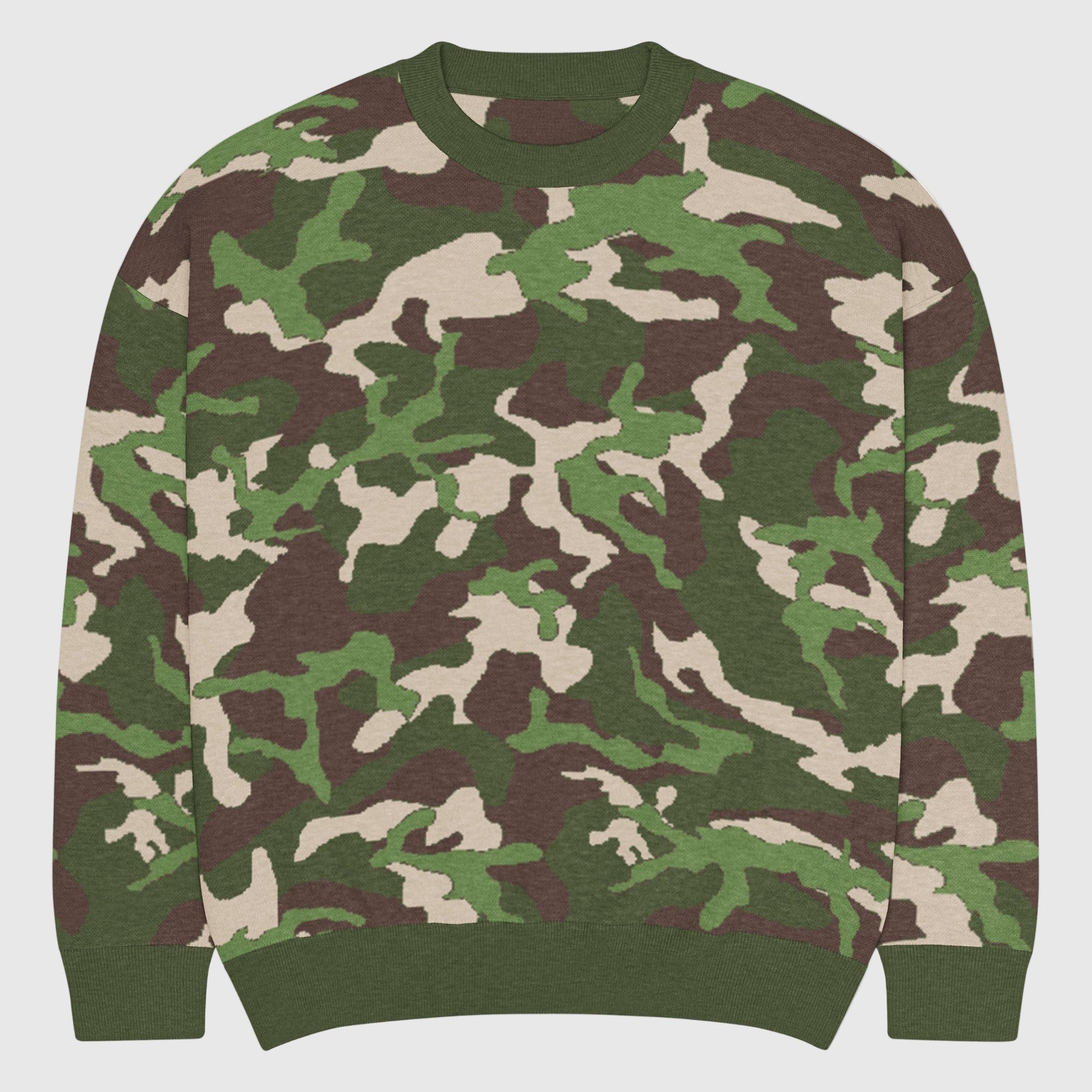 Man wearing the Liberty Maniacs Woodland Knit Field Sweater front view in green, brown, and tan camo