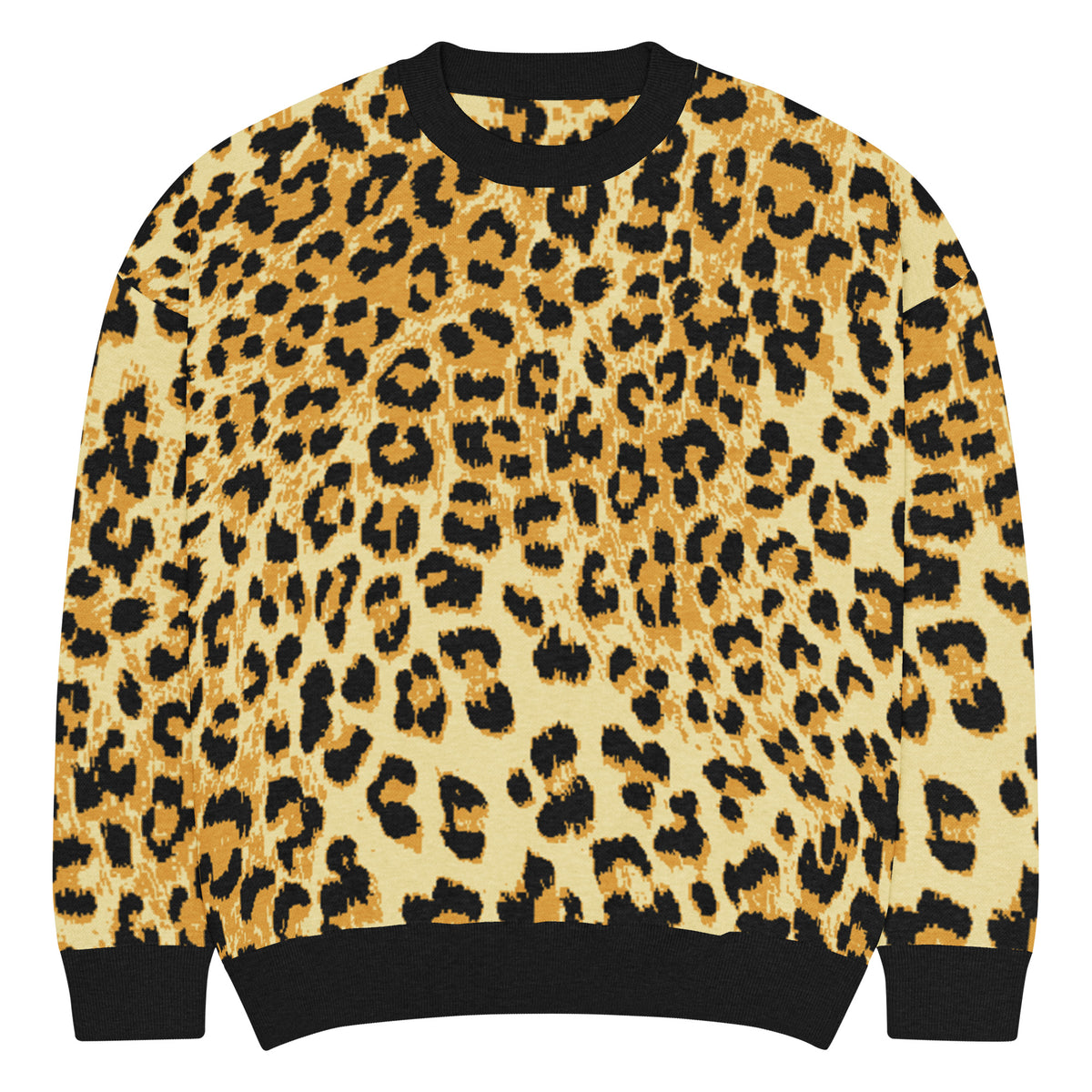 Leopard print sweater with black trim on a white background