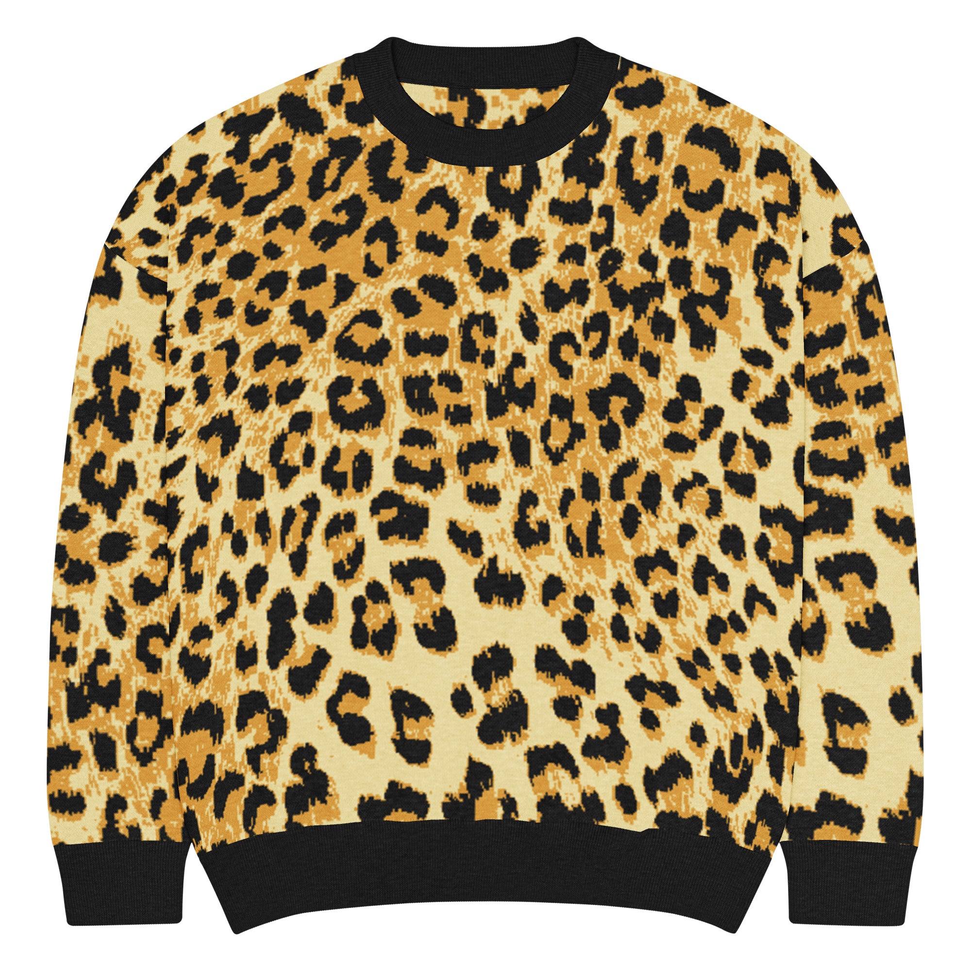 Leopard print sweater with black trim on a white background
