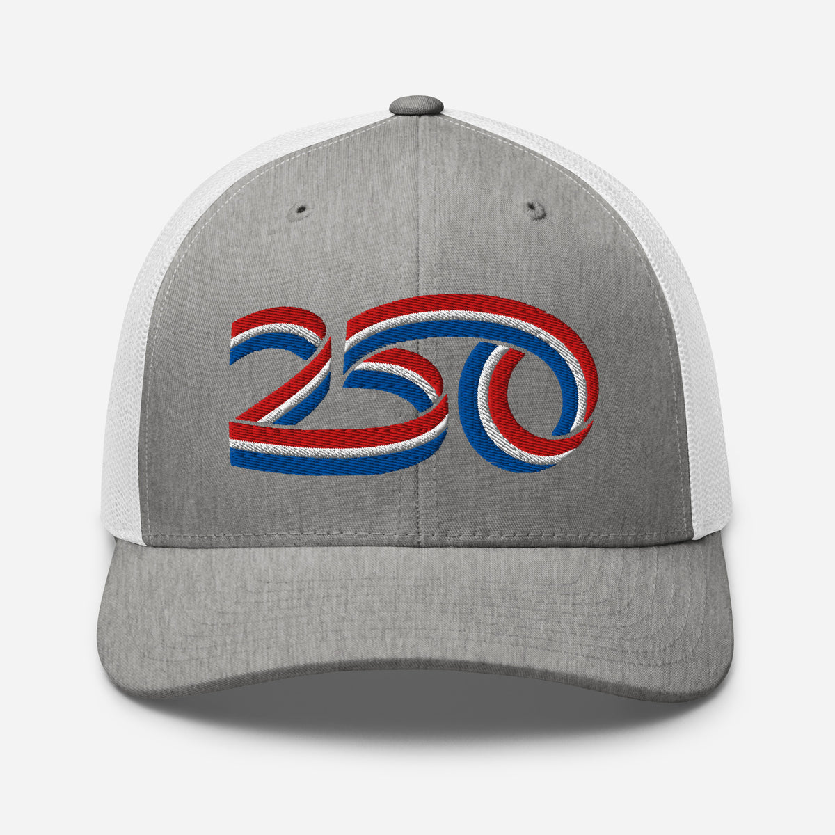 Gray and white cap with red, white, and blue 250th American Anniversary logo on a white background