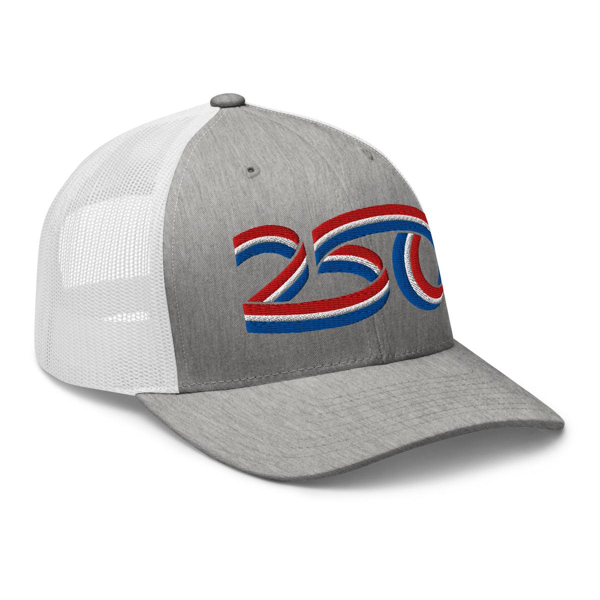 Gray and white cap with a red, blue, and white 250th American Anniversary logo on a white background