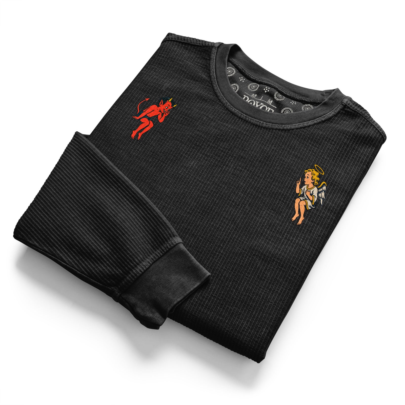Back of the black Free Will, Costly Wisdom cord sweatshirt with large vintage angel, devil, serpent, and forbidden fruit artwork.