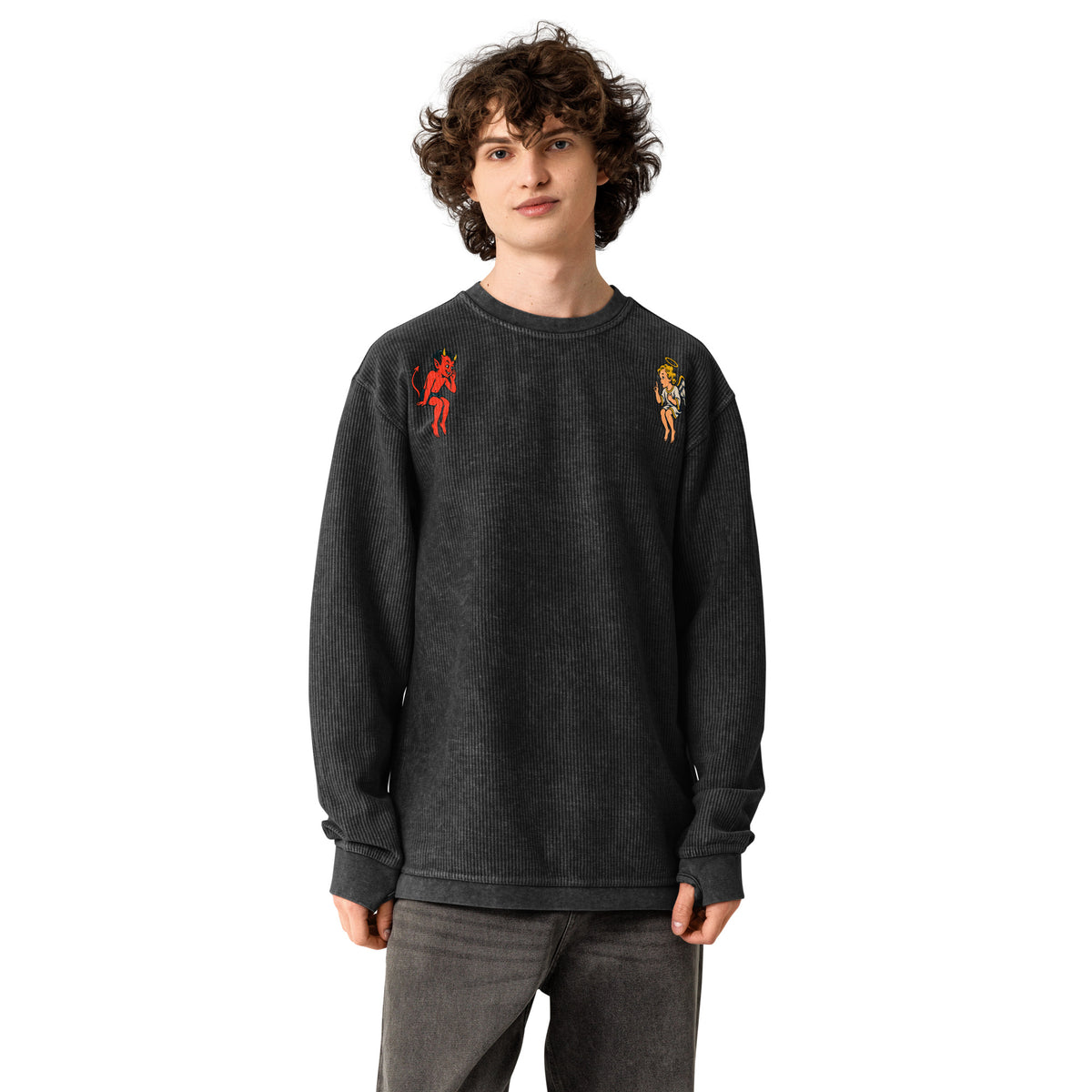 Black Free Will, Costly Wisdom cord sweatshirt shown from the front with textured cotton fabric and relaxed silhouette.