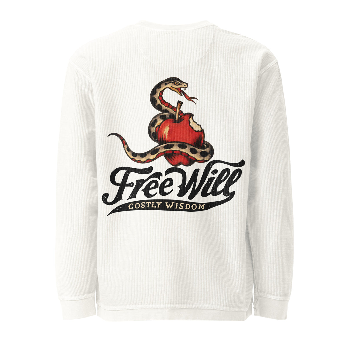 Rear view of the ivory Free Will, Costly Wisdom cord sweatshirt showing the large temptation-themed back graphic.