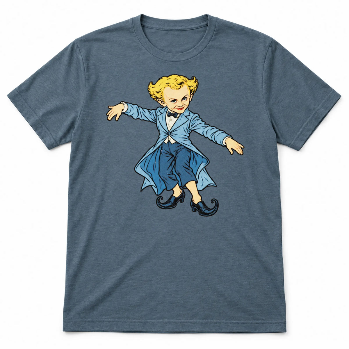 Heather Slate Rumpelstiltskin Tip Toe T-shirt laid flat on white with a blond character in a blue tailcoat and curled shoes.