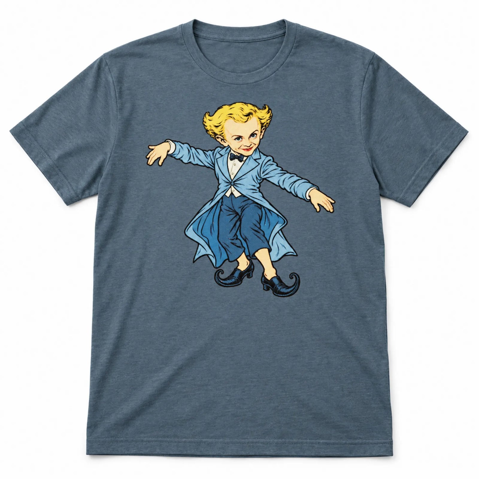 Heather Slate Rumpelstiltskin Tip Toe T-shirt laid flat on white with a blond character in a blue tailcoat and curled shoes.